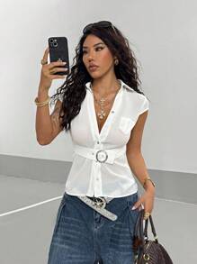 StreetHx Women's Street Style Fitted Solid Color Shirt, Casual Metal Decor - White - View 1