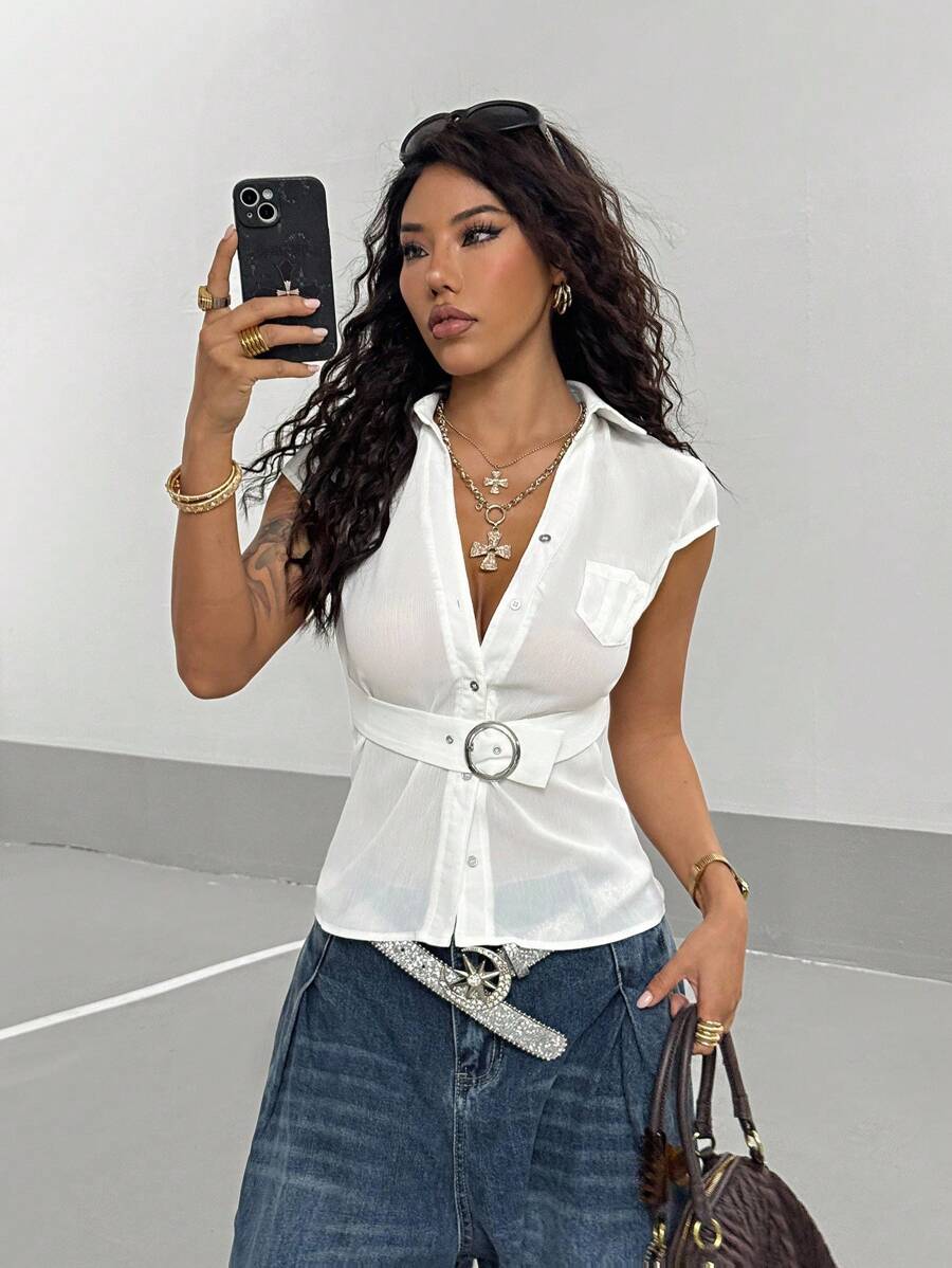 StreetHx Women's Street Style Fitted Solid Color Shirt, Casual Metal Decor - White - View 1