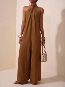 Zivah 2025 夏季新款音乐节复活节母亲节婚礼季参加婚礼出席生日日常休闲度假邮轮旅行海滩日光浴病毒式优雅休闲挂脖露背扭纹宽松阔腿裤，红棕色，女士连体裤 - 摩卡棕 - 查看 6