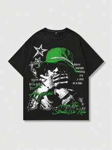 ROMWE MEN Street Life Áo thun nam tay ngắn in họa tiết, phù hợp cho mùa xuân và mùa hè - màu đen - Xem 1