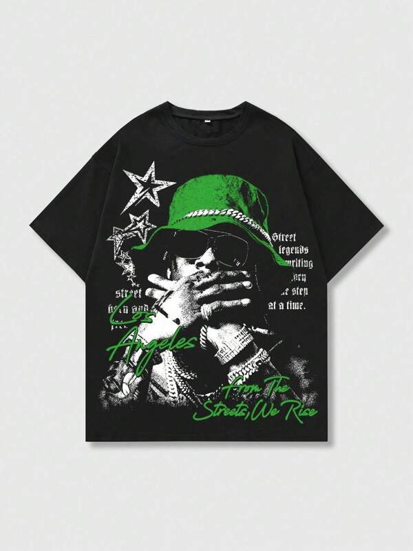 ROMWE MEN Street Life Men's Printed Short Sleeve T-Shirt, Suitable For Spring And Summer