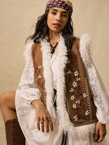 Easelle Abrigos sin mangas de mujer con bordados vintage casuales