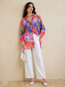 Eva Novielli Colorful Floral Printed Transparent Chiffon Long Oversized Shirt Women Summer Vacation Casual - Multicolor - View 3