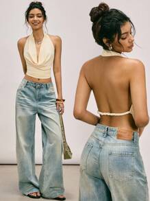 Easelle Chaleco de punto con cuello halter color albaricoque para mujer