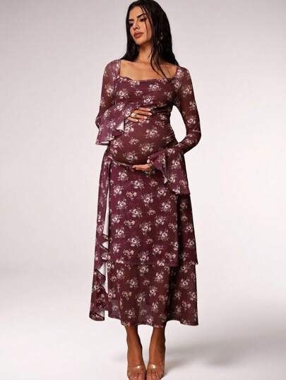 MaterniChic Maternity Floral Print Flared Sleeve Ruffle Hem Elegant Dress  Fall Women Clothes Baby Shower Modest Dresses For Women Party Outfit