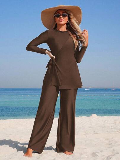 Swim Mulvari 2 Piece Set Women Coffee Brown Modest Burkini Outfit,Side Drawstring Long Sleeve Round Neck Top & Fitted Pants,Summer Beach Holiday Holiday Resort