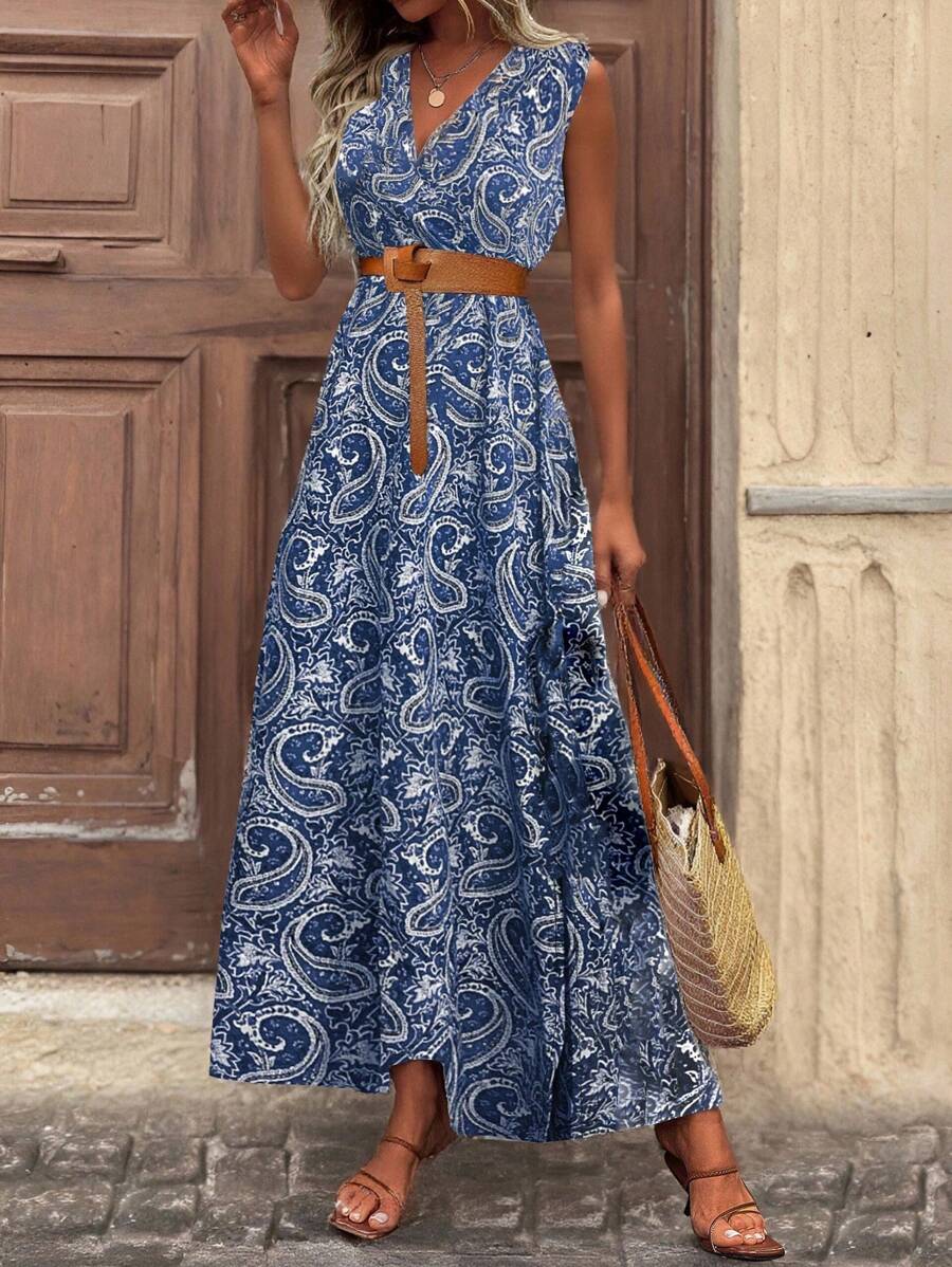 Breezaya V-Neck Sleeveless Paisley Print Boho Long Maxi Vacation Split Front Dress Women (No Belt) - Navy Blue - View 1