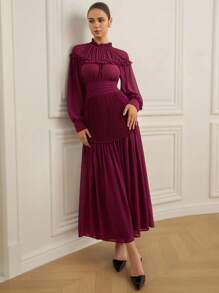 Aveloria Vestido de manga larga de gasa con pliegues y volantes en la cintura, de moda para el inicio del otoño para mujeres