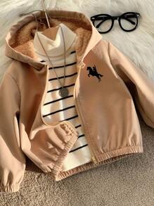 SHEIN 男女通用婴儿休闲连帽羊毛外套，卡其色，适合男婴和女婴，秋冬季