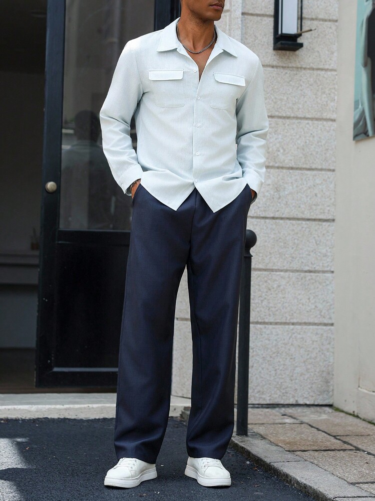 Manfinity Homme 男士休闲百搭长袖衬衫和裤子套装男士浅蓝色衬衫浅蓝色纽扣衬衫 - 彩色 - 查看 3