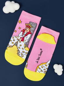 LE PETIT PRINCE X SHEIN 4 双柔软透气吸湿排汗休闲女士短袜时尚可爱卡通图案短袜加固脚趾和脚跟，适合所有季节，百搭，月亮和星星