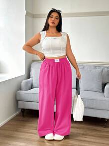 SHEIN EZwear New Plus Size Casual Fuchsia Pink Versatile Pants,Holiday - Hot Pink - View 4