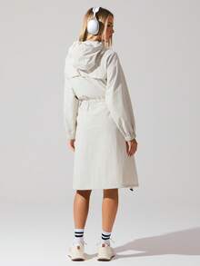 Menodora SHEIN Sport 女式长款抽绳连帽拉链夹克 - 杏色 - 查看 4