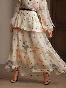 Anewsta 女士波尔卡圆点和花卉印花层叠荷叶边下摆长裙，优雅适合春夏度假 - 杏色 - 查看 4