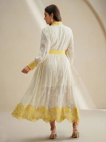 Anewsta Long Sleeve Floral Patchwork Stand Collar Dress