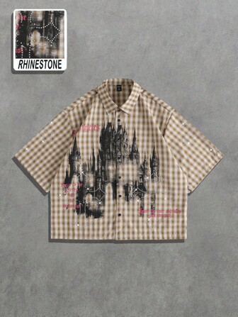Goth Men's Boxy Fit Plaid Castle Rhinestone Graphic Casual Short Sleeve Shirt