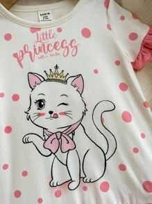 Pijama con patrón de gatos y bloque de color para bebé niña con cuello redondo y puños de encaje, resistente al fuego - Rosa - Ver 3