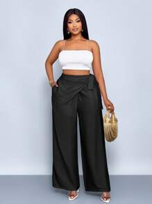 SOLERSUN Plus Size Women's High Waist Faux Linen Blend Pants, Summer Baggy Pants Fall Cloth For Women - Black - View 5