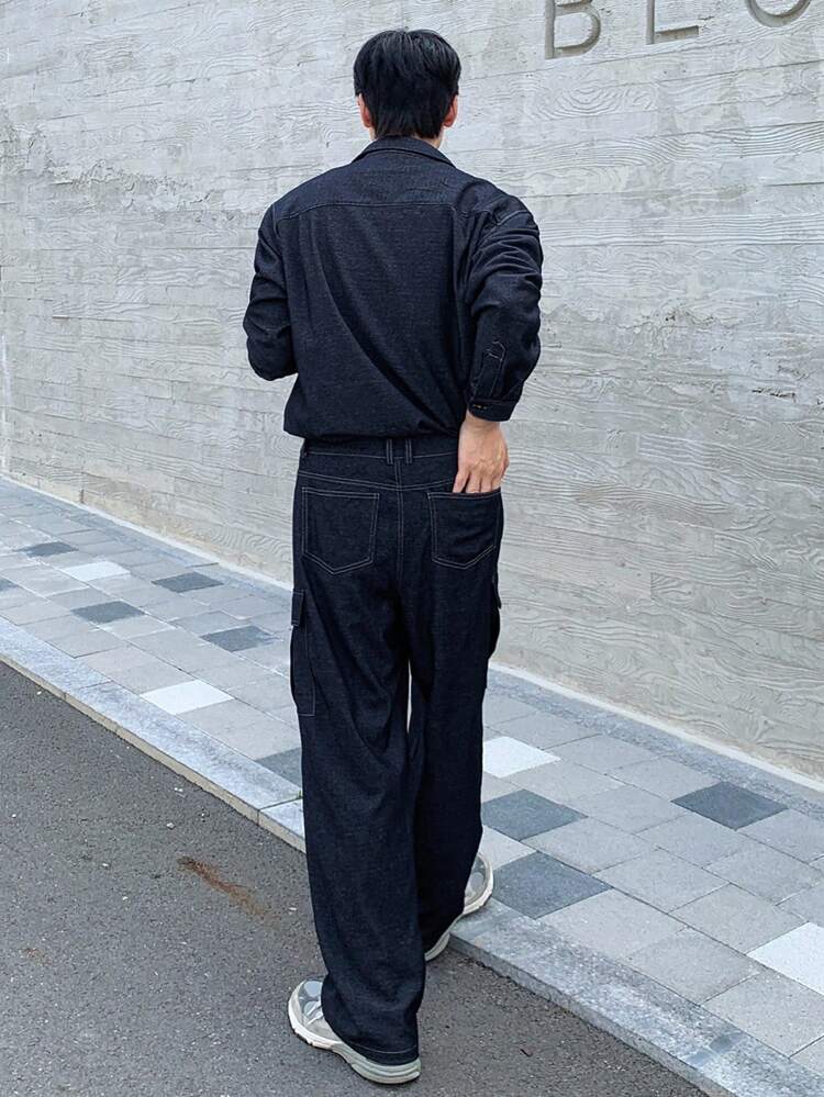 Navy Textured Fabric Men's Shirt And Cargo Pants Set, Autumn Business Attire