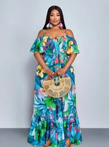 SOLERSUN Đầm xòe dáng rộng tay ngắn viền lá sen phong cách mới mùa xuân hè cỡ lớn, xếp ly rộng rãi, dáng suông, thanh lịch, thoải mái, kỳ nghỉ, cây hoa gợi cảm, thời trang dành cho nữ - Màu xanh lam - Xem 5