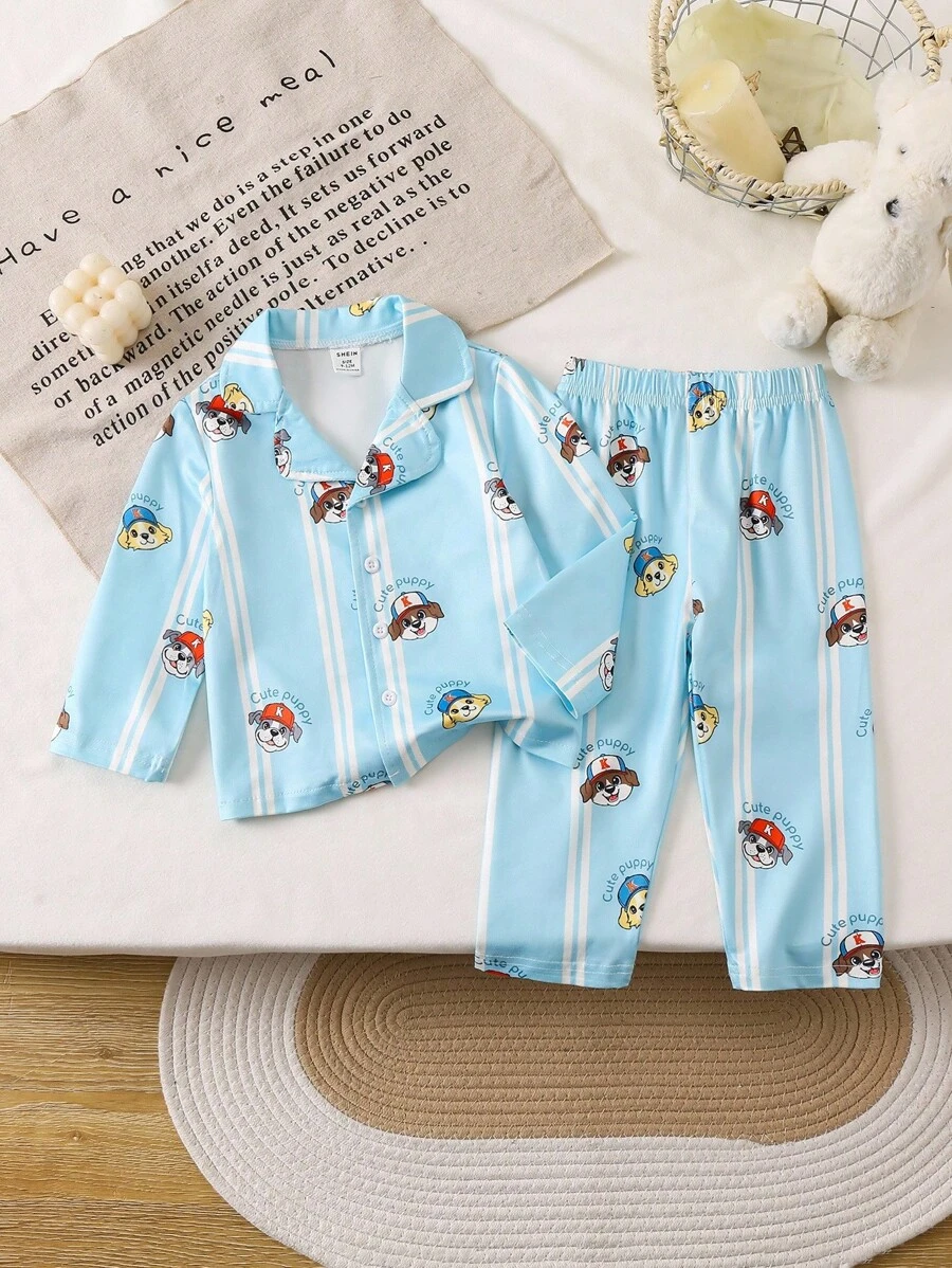 Baby Boy Knitted Collar Long Sleeve Top And Pants Set, Cute Puppy Blue Striped Casual Homewear, Spring/Autumn Puppy Print Pajamas Baby Boy Pajama Set Fall Winter - Multicolor - View 1