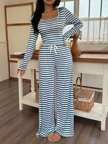 SHEIN 女士休闲条纹印花长袖上衣和裤子睡衣套装，秋季服装 - 藍色 - 查看 6