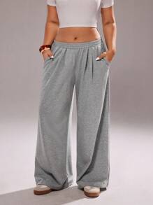 Rustia 大码女式休闲宽松阔腿运动裤，百搭美式街头风 - 灰色 - 查看 1