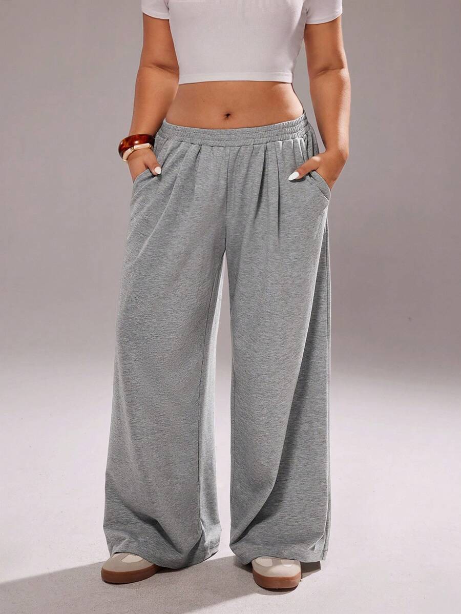 Rustia 大码女式休闲宽松阔腿运动裤，百搭美式街头风 - 灰色 - 查看 1