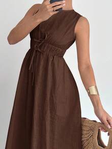 Siren Gaze Váy dài vải lanh dáng chữ A không tay dành cho nữ, Xuân/Hè - màu nâu - Xem 5