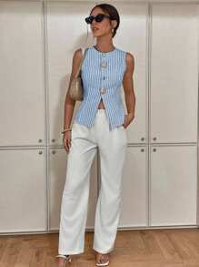 Siren Gaze 女士舒适棉质金属扣条纹印花吊带背心 - 淺藍色 - 查看 4