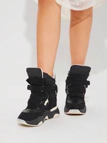 Solezae 全新时尚 Super Maranto 三重黑色高帮魔术贴系带绗缝加厚鞋领隐形坡跟女式运动鞋 - 黑色 - 查看 3