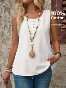 EMERY ROSE Plus Size Women's Casual Khaki Sleeveless Top With Button Decor, Round Neck - White - View 6