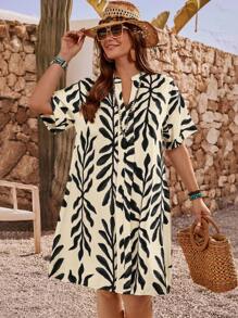 EMERY ROSE 大码女式植物图案V领无袖休闲连衣裙，夏季 - 黑色 - 查看 5