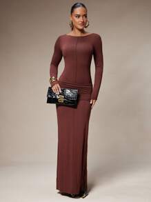 Silquee 女式纯色褶饰优雅长袖连衣裙