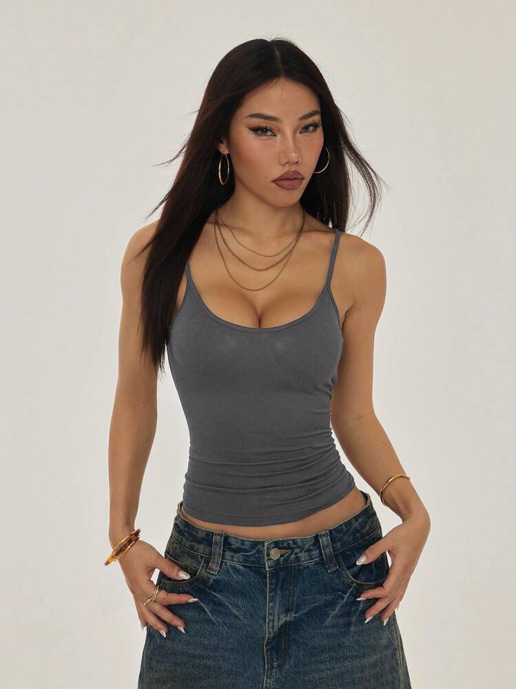 SHEIN PETITE Dark Grey Spaghetti Strap Knit Cami Top With Backless Casual Style,Sexy Top Y2k Clothes Women Tops Backless Tops Low Back Top Low Rise Jeans Y2k Jeans Top Y2k Top - Dark Grey - View 2