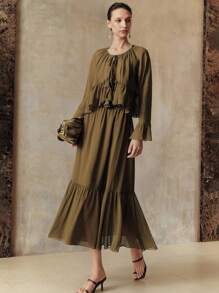 Revavyn Bộ đồ hai mảnh Cardigan và váy Maxi thanh lịch mùa hè dành cho nữ, phong cách thường ngày và đi làm - xanh quân đội - Xem 6