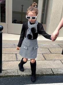 2pcs Young Girls Houndstooth Skirt & Stand Collar Knit T-Shirt Set, Fashion Outfit For Winter - Black - View 5