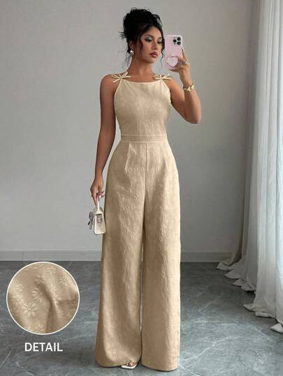 Elenzga Mono elegante de mujer con decoración de lazo en el hombro, tela de jacquard, cintura ceñida, pierna ancha, adecuado para el uso diario