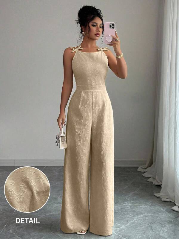 Elenzga Mono elegante de mujer con decoración de lazo en el hombro, tela de jacquard, cintura ceñida, pierna ancha, adecuado para el uso diario