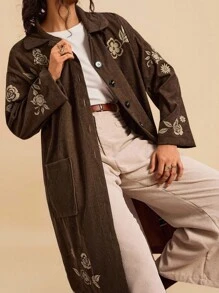 Travachic Áo khoác dài cổ màu nâu in hoa cỡ lớn cho nữ, áo khoác nhung kẻ có túi, trang phục thường ngày cho buổi hòa nhạc đồng quê, nhà thờ, tiệc tùng mùa thu đông, áo khoác cài nút màu nâu cho buổi ra ngoài - Màu nâu  Mocha - Xem 5