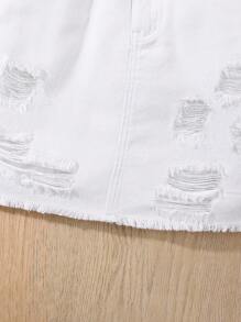 Tween Girl Y2K Cute Pink Casual Distressed Short Jacket, Drawstring Waist Denim Mini Skirt 2-Piece Set - White - View 6