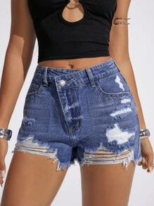 Jeanoix Damen Destroyed Fransensaum Lässige Vielseitige Denim-Shorts, Sommer - Mittele Waschung - Übersicht 3