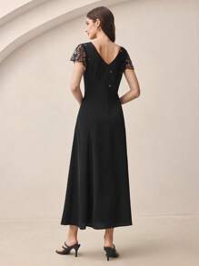 BizChic Elegant Black Summer One-Piece Dress For Women,Woven Lace V-Neck Dining,Business,Casual,Daily,Holiday,Wedding Guest,Music Festival,90s Vintage Style - Black - View 4