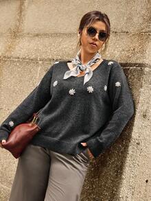 Calvaya Modischer, lässiger, eleganter, bestickter Pullover in Große Größen, grauer Damen-Pullover, Pullover für Frauen, Pullover für Frauen, Gänseblumen-Pullover