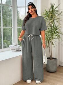 Solflare 2 pièces/set Femmes grande taille Top décontracté à manches courtes et épaules tombantes & Pantalon, Gris foncé - Gris foncé - Voir 5