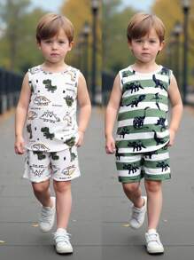 4pcs Boys' Dinosaur Hand-Painted Print Tank Tops, Summer Casual Set - Multicolor - View 3