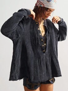 Bohemela 女士复古休闲波西米亚风黑色纯色圆领半开襟宽松长袖水洗宽松衬衫，复古西部乡村风格，适合音乐会、度假、外出、返校等场合，秋冬季穿着。 - 黑色 - 查看 1