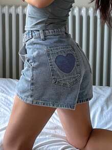 DAZY Women Heart Pattern Contrast Color Denim Shorts - Baby Blue - View 1