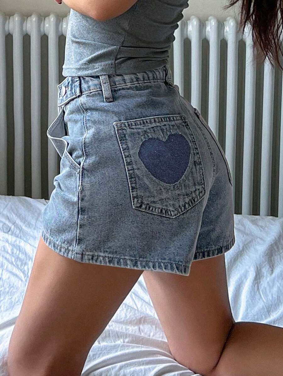 DAZY Women Heart Pattern Contrast Color Denim Shorts - Baby Blue - View 1