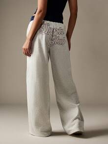 MISSGUIDED 女式阔腿运动裤运动俱乐部图案设计休闲家居裤混色撞色腰带抽绳舒适家居服街头时尚秋冬 - 淺灰色 - 查看 6